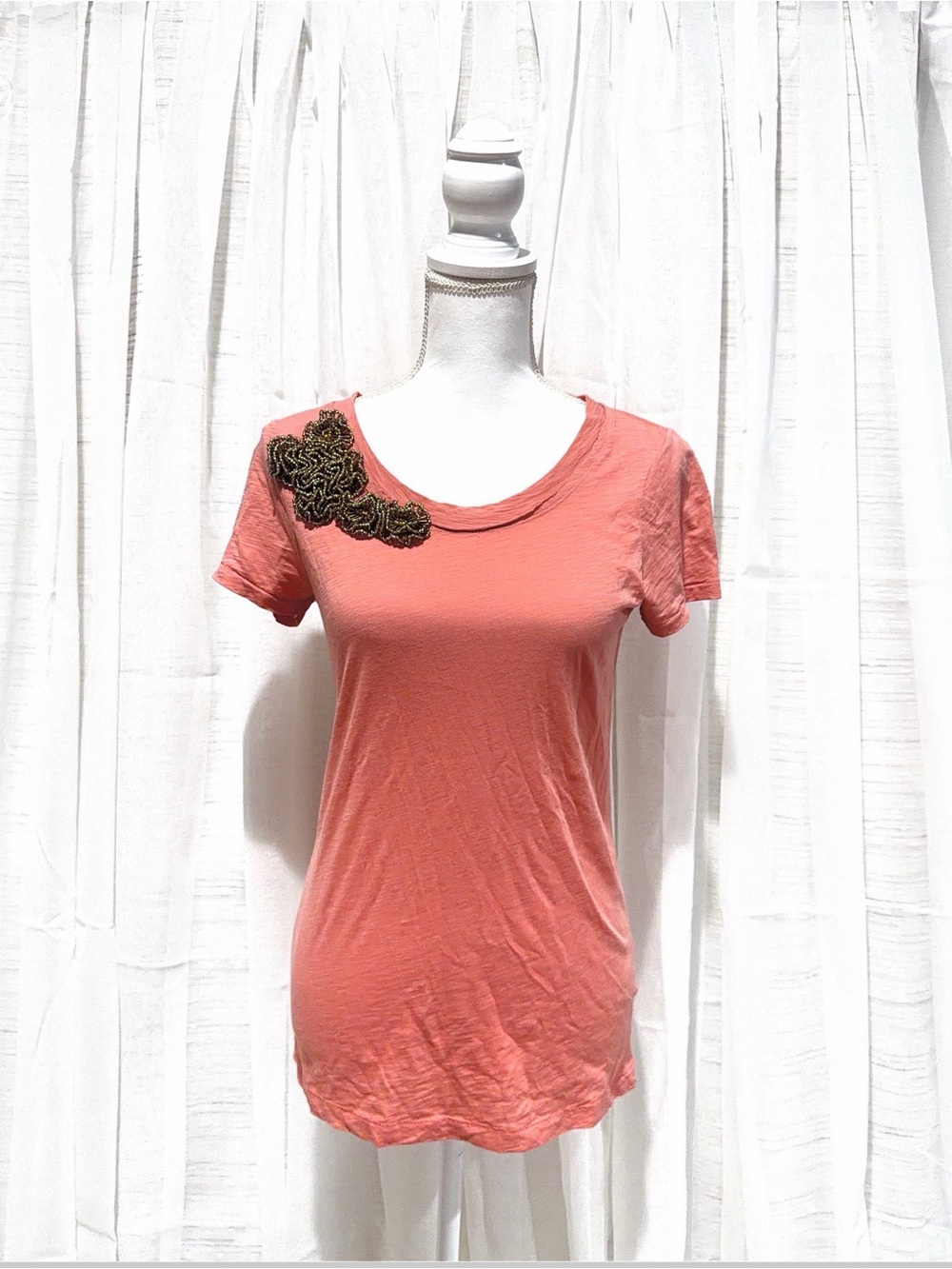 J. Crew Coral Short-Sleeve Tee with Beaded Floral Accent